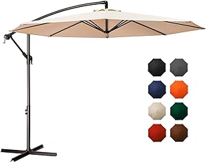 MEWAY 10ft Outdoor Umbrella Backyard Umbrella Deck Umbrella Cantilever Patio Umbrella with Crank & Cross Base, Easy to Instal (10ft, Beige)