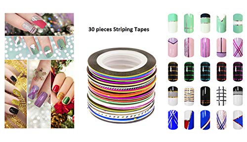 Beaute Galleria Bundle 50 Pieces Nail Art Tool Kit with Pouch - 5 Pieces Dotting Tool Marbleizing Pen (10 Sizes), 15 Pieces Acrylic Gel Detailing Painting Brushes Liners, 30 Pieces Striping Tapes