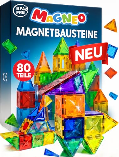 Magneo® Magnetische Bausteine (80 teilig) - Magnetbausteine für Kinder ab 3 Jahren - Pädagogisches Magnetspielzeug - Kreatives Magnet Spiel mit starken Magneten