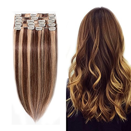 Clip in 100% Remy Human Hair Extensions #4/27 8"-24" Grade 7A Quality Full Head 8pcs 18clips Long Soft Silky Straight for Women Fashion ,Medium brown mix Dark Blonde 16" / 16 inch 90g