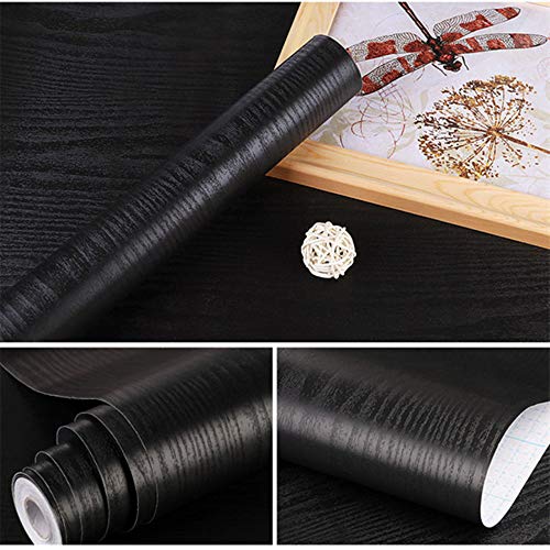Black Faux Wood Contact Paper Self Adhesive 15.8 x 118 Decorative Vinyl Film Wood Grain Wallpaper for Cabinets Kitchen Furniture Countertop Shelf Liner Drawers Liner Surfaces Easy to Apply and Clean