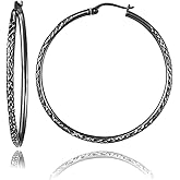 Hoops & Loops Black Flashed 925 Sterling Silver Diamond-Cut Click-Top Round Hoop Earrings for Women, Sizes 15mm-50mm