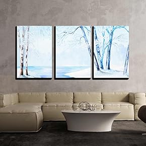 Oil Painting Winter Landscape Colorful Watercolor x3 Panels