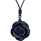 EDEN'S CALL Natural Crystal Rose Flower Pendant Necklace for Women Handcraved Floral Pendant with Adjustable Black Cord, Black Obsidian