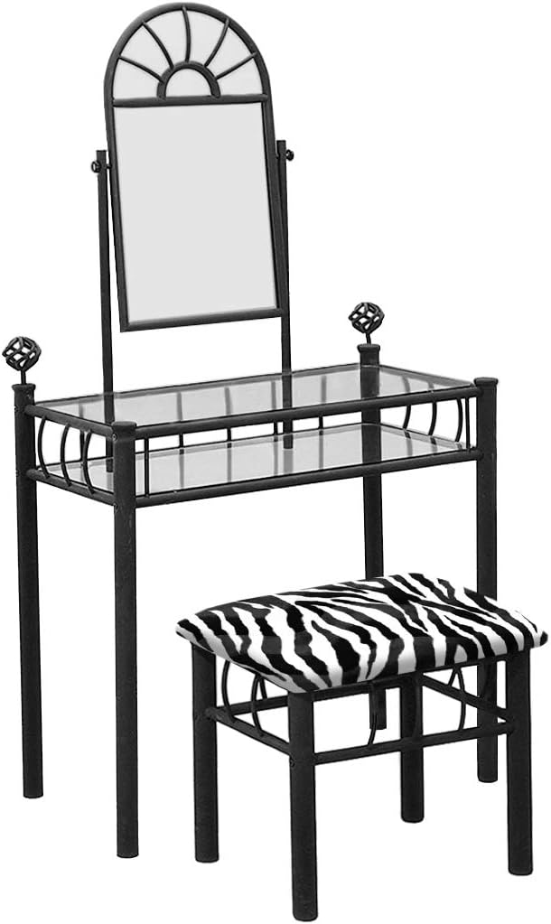 Metal Sunburst Vanity Make-Up Table with Mirror in a Black Finish with Your Choice of an Animal Print Fabric Covered Bench Cushion - FREE Handheld Mirror Included (Black and White Zebra Velboa)