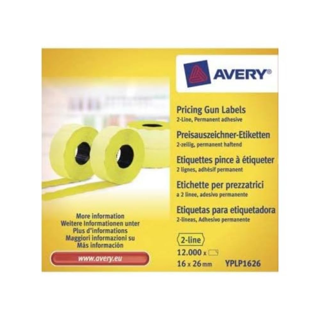Avery Zweckform YPLP1626 Price Gun Labels 2 Lines 16 x 26 MM 10 Rolls / 12,000 Labels Yellow
