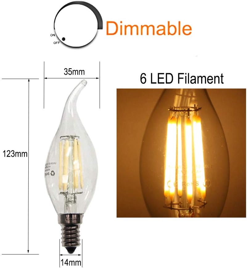 ZFQ Pack of 10 Edison LED Bulb E14 C35 Led Filament Lamp for Chandelier Retrofit Classic, 6W, 600 Lumens, Warm White 2700K - Image 3