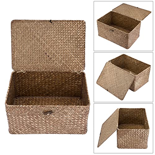 Hipiwe Wicker Shelf Baskets Bin with Lid, Handwoven Seagrass Basket