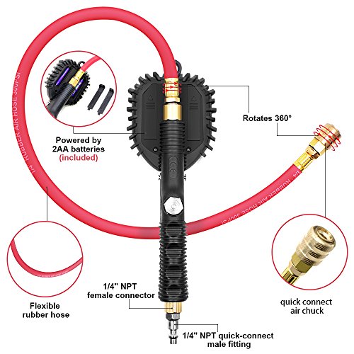 GOOLOO Digital Tire Pressure Gauge, 255 PSI Tire Inflator Air Chuck and Compressor Accessories Heavy Duty with 360 Degree Rotatable Rubber Hose, Quick Connect Plug for 0.1 Display Resolution, Black - Thumbnail 2