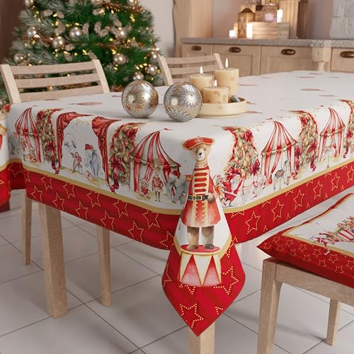 PETTI Artigiani Italiani - Christmas Tablecloth Stain Resistant Rectangular Table Cover for Kitchen, Circus Design, 140x300 cm, 100% Made in Italy