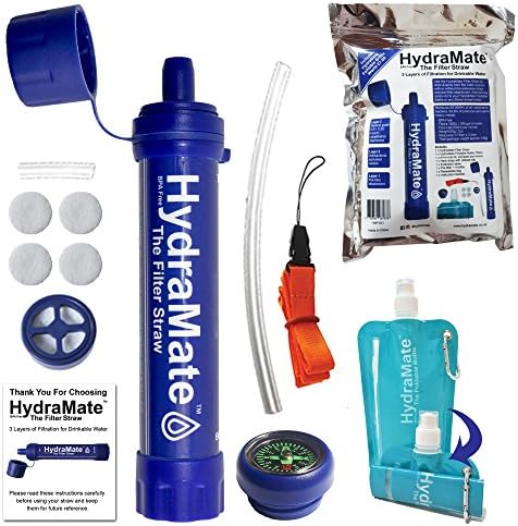 HydraMate Water Filter Straw. Removes Bacteria, Protozoa & Heavy Metals With Carbon & UF Membrane. 1200L/1500L Capacity. BPA FREE. Easy to use. With Foldable Bottle & More!