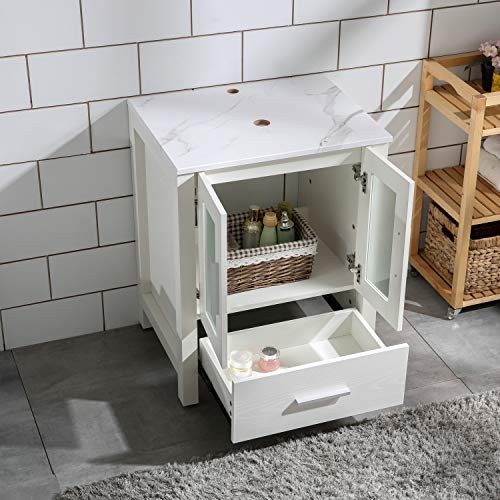 Homecart 24" White Bathroom Vanity Cabinet with Marble Pattern Top Vessel Sink Mirror Faucet and Drain - Thumbnail 5