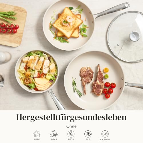 Redchef Ceramic Induction Pan Set, 6 Pieces, Non-Stick Frying Pans 20 24 28 cm with Lid for All Types of Cookers, Stainless Steel Handle, PTFE-Free, PFAS Free, PFOA-Free, Oven-Safe, Dishwasher Safe (Beige)