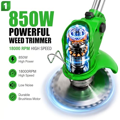 Cordless Weed Wacker with 2 Batteries, Lightweight 21V Weed Trimmer with Wheels, Electric Grass Trimmer, Adjustable Shaft Lawn Tool for Small Yard Tight Spaces