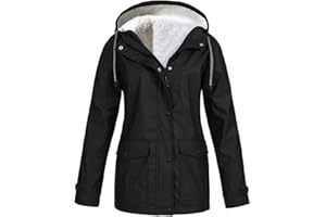 FAVIPT Plus Size Fleece Lined Rain Coats For Women With Hood Lightweight Hooded Rain Jacket Windbreaker Outdoor Trench Coat