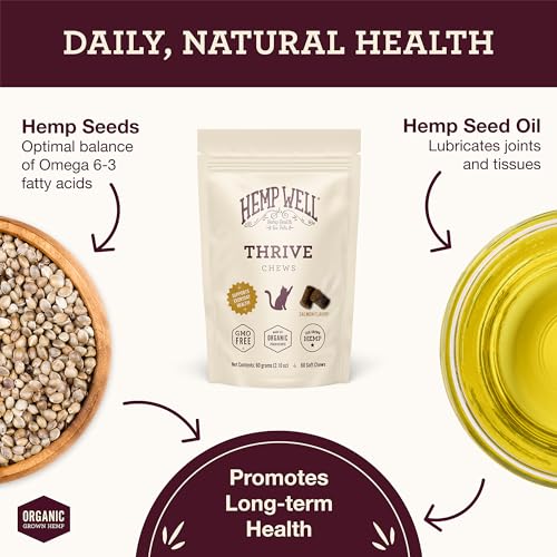 HEMP WELL THRIVE CAT SOFT CHEWS – 60 COUNT, EVERYDAY SUPPLEMENT FOR OVERALL HEALTH, SUPPORTS HIP, JOINT, HEART HEALTH, ORGANICALLY SOURCED, OMEGA 3 FOR CATS, NATURAL CAT TREATS & SUPPLEMENTS