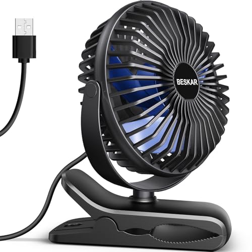 BESKAR USB Powered Clip on Fan, Portable Small Fan with Cord, 3 Speeds Strong Airflow, Personal Fan with Sturdy Clamp, Quiet Desk Fan & Clip Fan