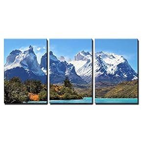 3 Piece Canvas Wall Art - Azure Lake Pehoe at The Foot of The Magnificent Snow-Covered Cliffs of Los Kuernos - Modern Home Art Stretched and Framed Ready to Hang - 16"x24"x3 Panels