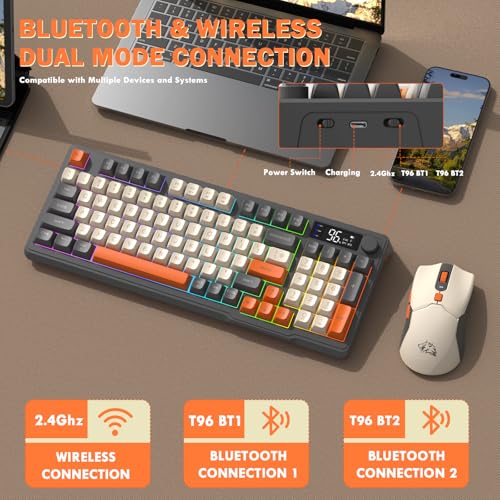 FREEWOLF T96 Wireless Keyboard and Mouse Combo, Retro, BT & 2.4G Modes, PBT Keycaps, Media Knob, Display Screen, Silent Keys, 26-Key Anti-ghosting, American QWERTY, for Mac/Windows/Linux