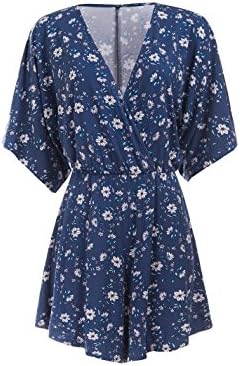 Women's Summer Casual Boho Romper Floral Print V neck Jumpsuit Short Sleeve Beach Party Clubwear Outfits