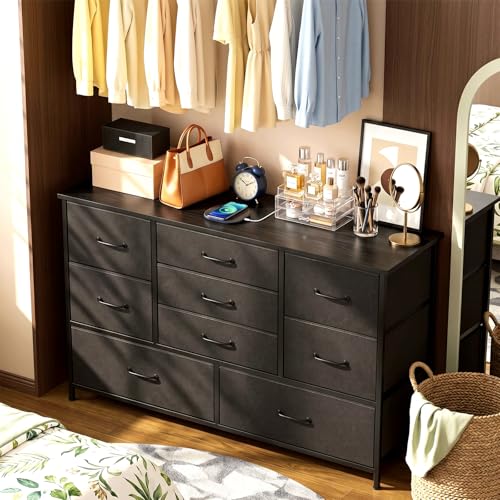 FURRIFIC Cómoda Gran Capacidad de 9 Cajones,100 * 75 * 30cm,Cajonera para Recamara,Ropa,Hogar Y Oficina,Organizador Cajonera de Estructura Metal con Cajones de Tela en 3 Tamaños,Negro