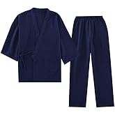Fendawn Strive Classical Japanese Style Men Cotton Bathrobe Pajamas Kimono Casual Clothes, Navy Blue
