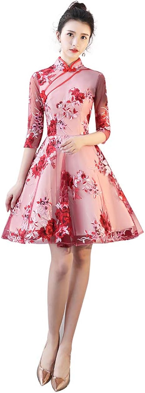 Amazon Ominefans ショートパーティドレス 花柄 チャイナドレス風ワンピース かわいい 新婦はミニドレス ひざ丈 Coslplay ワンピース パーティードレス 通販