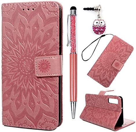 Samsung Galaxy A7 2018 Case, PU Leather Sun Flower Embossed Wallet Stand Folio Flip Cover Cases TPU Bumper Magnetic Clasp Kickstand Function with Card Holders & Hand Strap,Pink