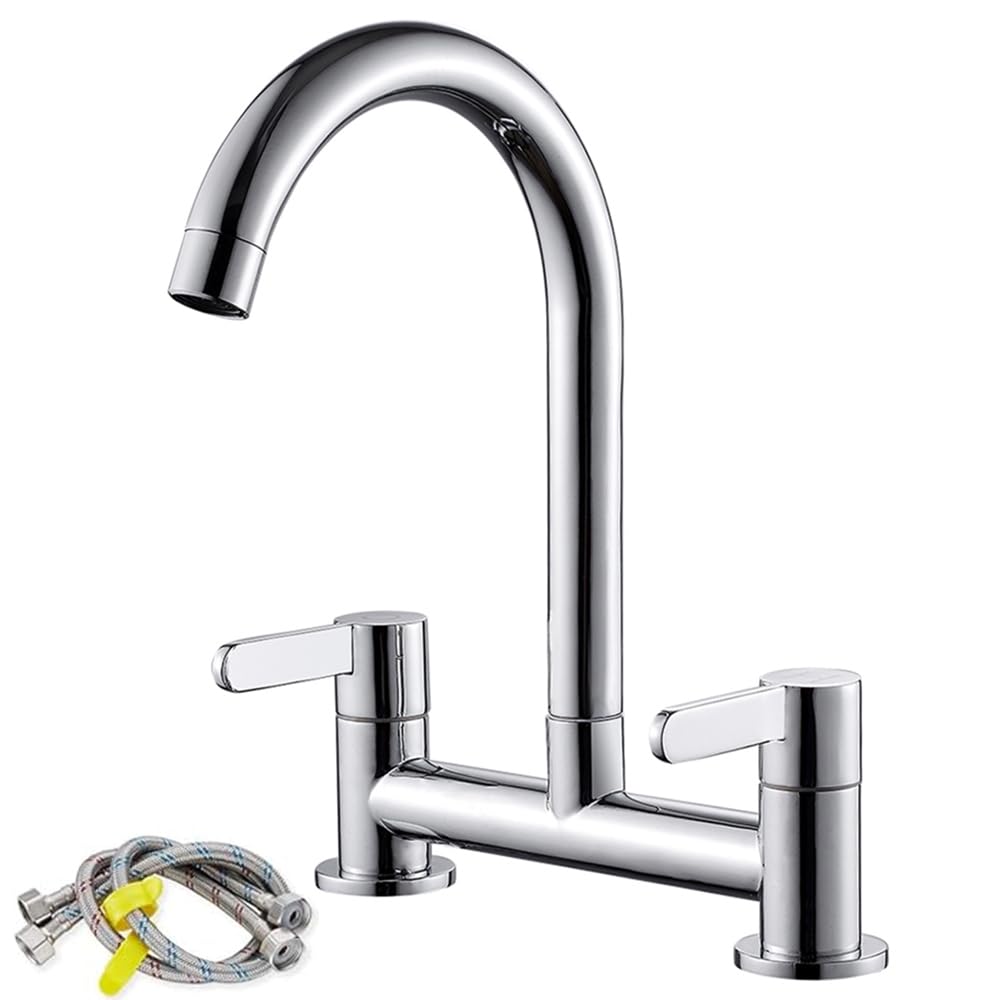 Keyohome Kitchen Mixer Taps 2 Hole 360° Swivel Spout Chrome Dual Lever Kitchen Sink Taps, Cold and Hot Mixer Tap Deck Mounted 1/4 Turn Faucet with UK Standard Fittings 2 Hole Bridge Tap