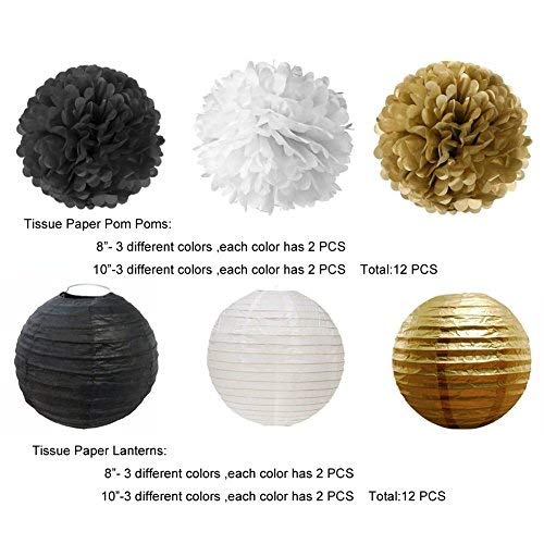 25 Pcs Black Gold White Tissue Pom Poms Paper Flowers Paper Lanterns
