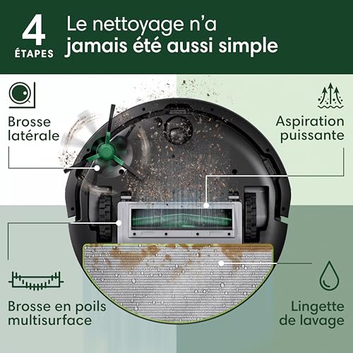 Roomba 105 Combo+AutoEmpty Dock - Robot Aspirateur Laveur 2en1 - Aspiration de 7KPa - Navigation LiDAR - Détection des Tapis - Zones de Nettoyage et d'Évitement - 4 Niveaux d'Aspiration - Noir