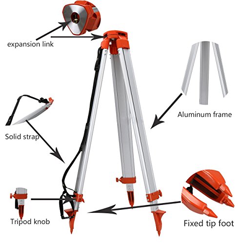 Ridgeyard 5 Section 5m (16.4ft) Telescoping Leveling Rod with 1.63m (64.96 inches) Aluminum 5/8 Inch - 11 Mounting Threaded Flat Head Tripod for Rotary Laser Level Auto Level Theodolite