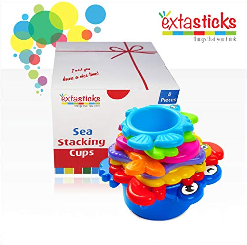 Stacking Cups Set for Babies and Toddlers - 8 sea Animals to Play in Sand & Water - Bath Toys - Educational Multicolored Beach Toy for Boys and Girls 100% Safe - BPA Free