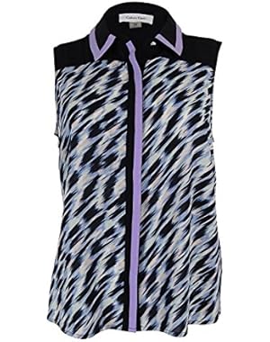 Calvin Klein Women's Petite Sleeveless Printed Collared Top