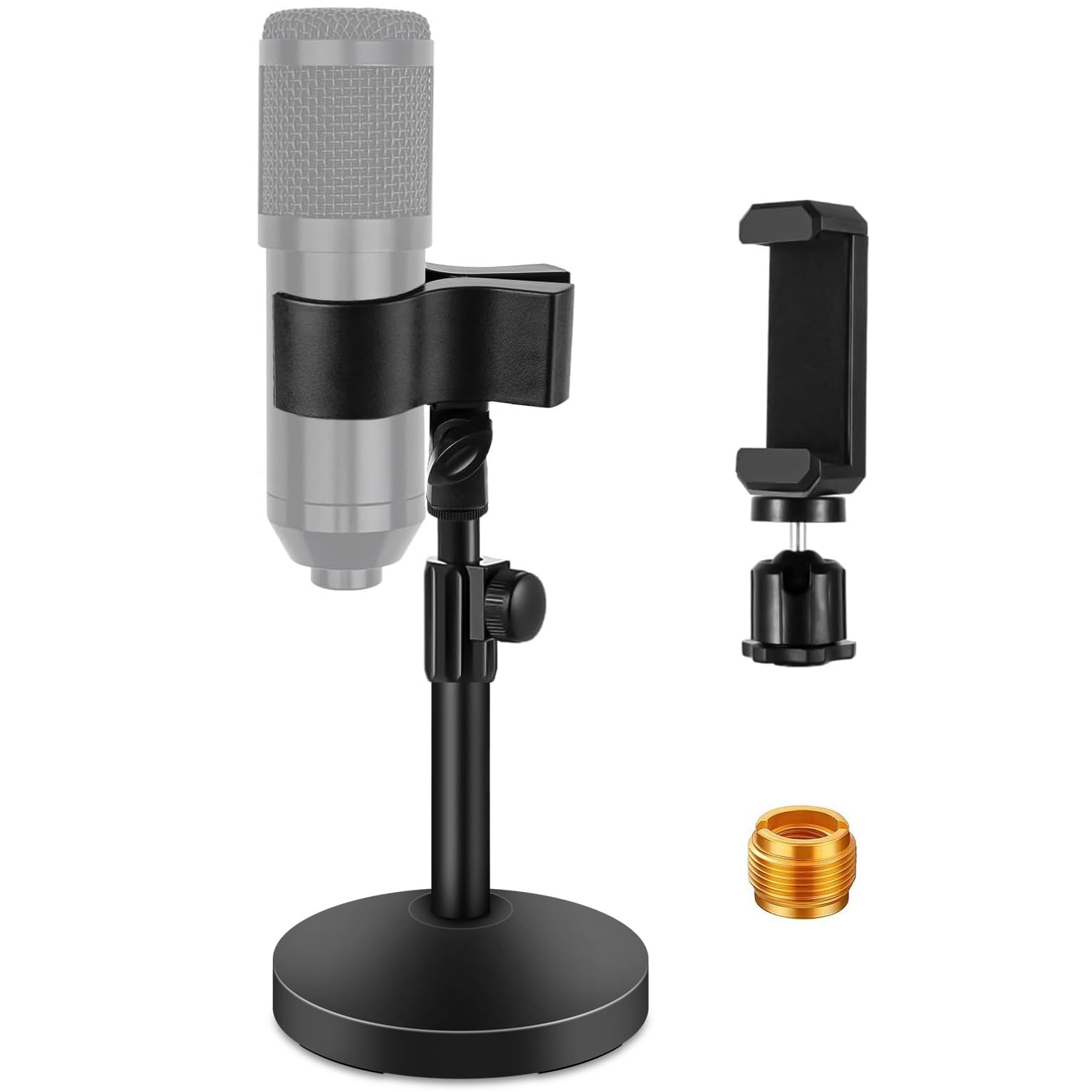 Photo 1 of BILIONE Versatile Desktop Microphone Stand, Adjustable Table Mic Stand with Large Microphone Clip, Cell Phone Clip, 5/8" Male to 3/8" Female Metal Adapter