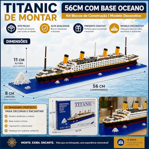 Kit Blocos de Construção Titanic 56cm | Com Base Oceano