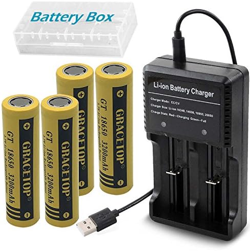 4pcs Flat Top 18650 Batteries 3200mAh Li-ion Rechargeable Battery with 2-Slots USB battery charger for 18650 18500 14500 Battery Charger Fan torch Battery