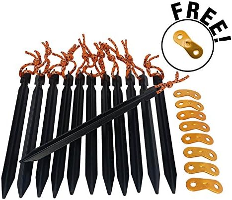 Tent Stakes | Set of 12 pcs 7" Light Tent Nails Pegs with Bright Colored Reflective Pull Cord Rope Include 8 Cord Adjuster | Ultra Lightweight Premium Anti Rust Y Shaped Stake for Outdoor Camping