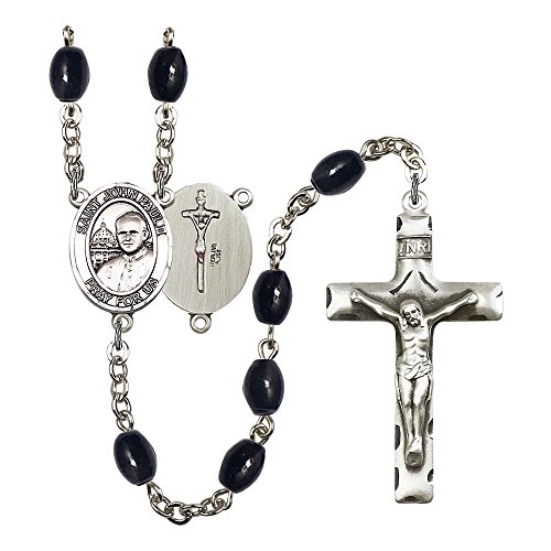 ST. JOHN PAUL II Silver-Plated Rosary 8x6mm Black Onyx Beads Crucifix Size 1 3/4 x 1 medal charm