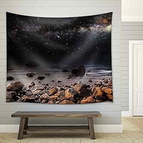 Month on a Background Star Sky Reflected in The Sea - Fabric Wall Tapestry Home Decor - 51x60 inches