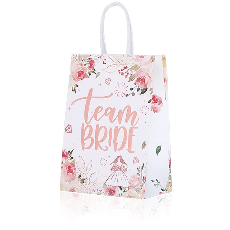 10 Pcs Hen Party Bags - Floral Team Bride Bags with Handle, Rose Gold Foiled Hen Do Paper Bags Wedding Paper Party Bags for Wedding Bridal Shower Bachelorette Party Favour Hen Do Accessories