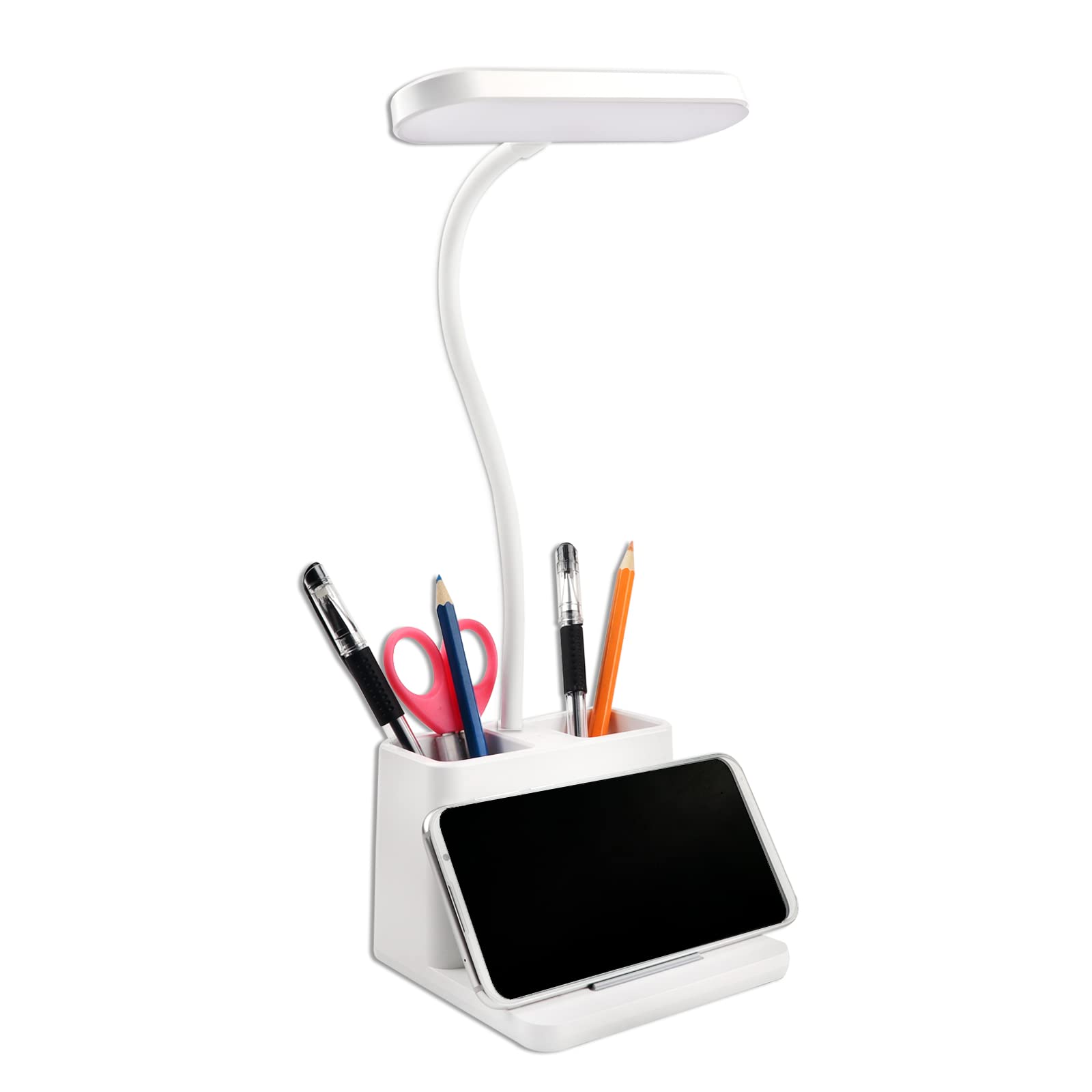 SCNNC LED Desk Lamp 5W White with Phone & Pen Holder, 3 Modes and 3 Brightness Dimmable, LED Touch USB Rechargeable Bedroom Table Light, Portable Desk Lamp for Home Office Work Study