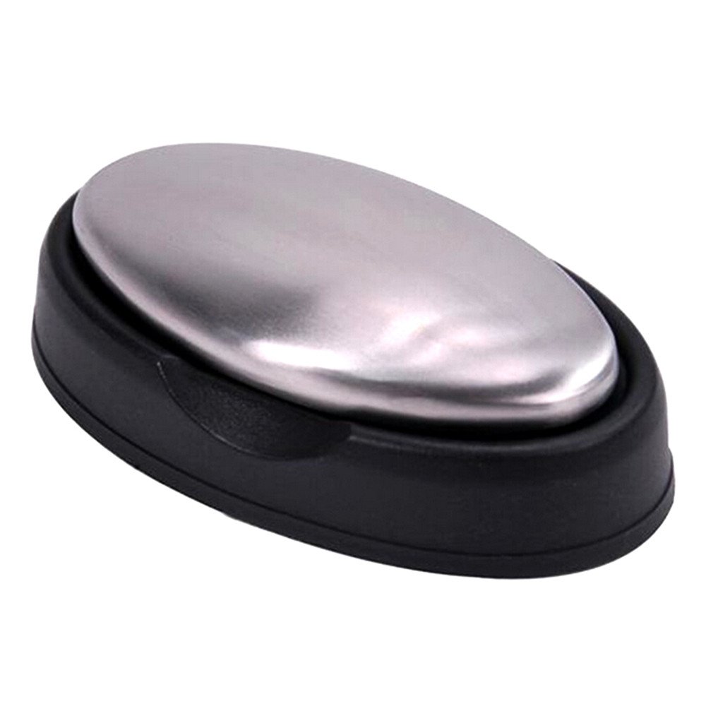 TRIXES Stainless Steel Odour Eliminating Soap - Strong Odour Removal from Hands and Skin - Kitchen and Bathroom Odour Eliminating Soap Bar with Black Soap Dish Base