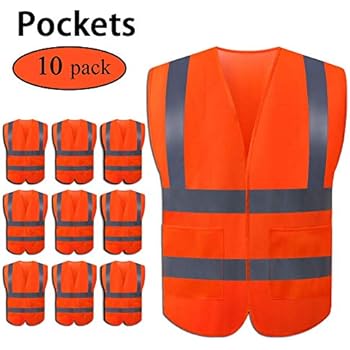 JSungo High Visibility Orange Safety Vest 10 Pack, ANSI Class 2 Identification Security Vest with 4 Reflective Silver Strips, Velcro Construction Vest for Night Running, Jogging, Cycling Walking