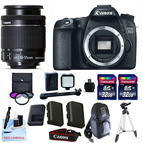 Canon 70D Body Only + Canon 18-55mm IS STM + 2 32GB Transcend SD Memory Cards + LED Video Light + Spare LP E6 Battery + DSLR Sling Bag & More - International Version