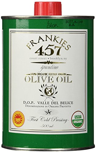 Frankies 457 Organic Extra Virgin Organic Olive Oil - Premium Castelvetrano Olive Oil - Harvested in Sicily - Pure Authentic Italian - Rich in Flavor- First Cold Pressed - 16.9 fl oz (500 ML)