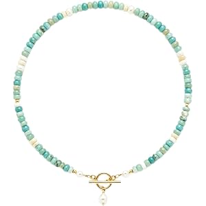 Elova Jewelry Dainty Handmade Beaded Necklace, Turquoise and Pearl Beads