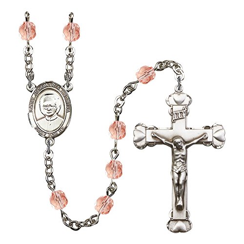 St. Josemaria Escriva Silver-Plated Rosary 6mm October Pink Fire Polished Beads Crucifix Size 1 5/8 x 1 medal charm