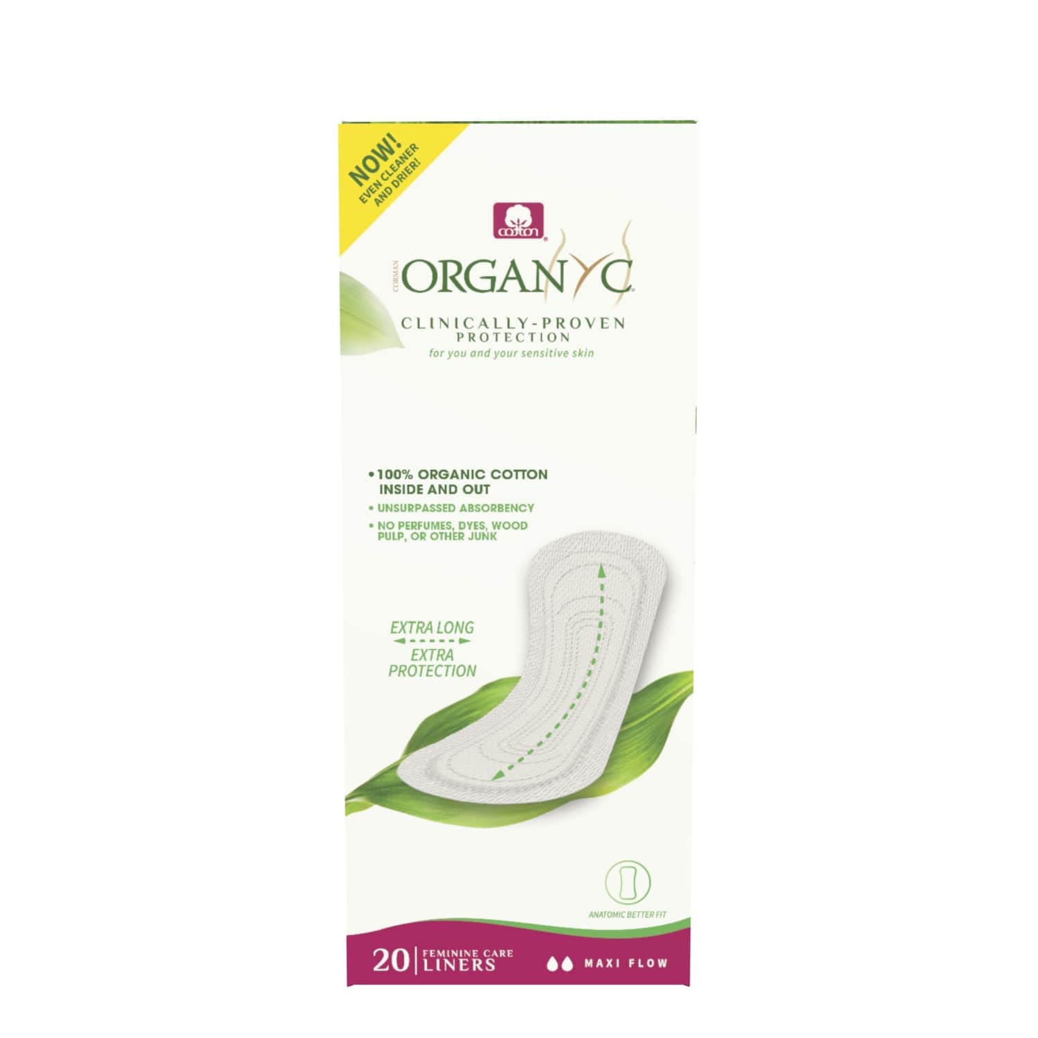 Organyc 100% Certified Organic Cotton Inside and Out Flat Panty Liner - Everyday Sanitary Pad, Free from Wood Pulp, Perfumes, SAP and Chemicals - Maxi Flow, 20 Count