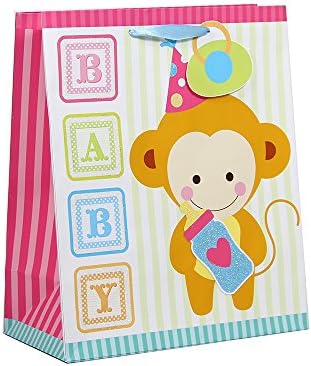 Medium Multi-Color Glitter Baby Shower Gift Bags With Baby Animals - 3 Pack, 12.5" x 10.5" x 5.5"